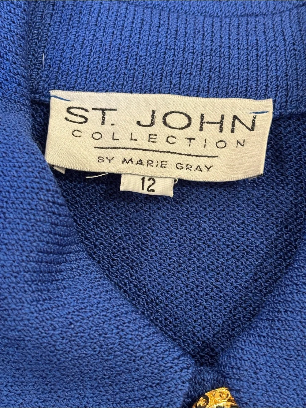 90s ST JOHN COLLECTION MARIE GRAY ROYAL BLUE SANTANA KNIT SKIRT SUIT SZ 12